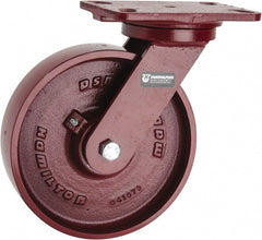 Hamilton - 8" Diam x 2" Wide x 9-3/4" OAH Top Plate Mount Swivel Caster - Cast Iron, 1,500 Lb Capacity, Roller Bearing, 4-1/2 x 6-1/2" Plate - Exact Tooling