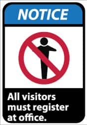 NMC - "Notice - All Visitors Must Register at Office", 14" Long x 10" Wide, Pressure-Sensitive Vinyl Safety Sign - Rectangle, 0.004" Thick, Use for Security & Admittance - Exact Tooling
