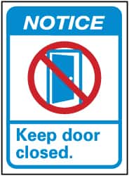 NMC - "Notice - Keep Door Closed", 14" Long x 10" Wide, Rigid Plastic Safety Sign - Rectangle, 0.05" Thick, Use for Security & Admittance - Exact Tooling