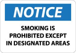 NMC - "Notice - Smoking Is Prohibited Except in Designated Areas", 7" Long x 10" Wide, Pressure-Sensitive Vinyl Safety Sign - Rectangle, 0.004" Thick, Use for Accident Prevention - Exact Tooling