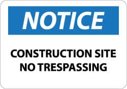NMC - "Notice - Construction Site - No Trespassing", 10" Long x 14" Wide, Rigid Plastic Safety Sign - Rectangle, 0.05" Thick, Use for Security & Admittance - Exact Tooling