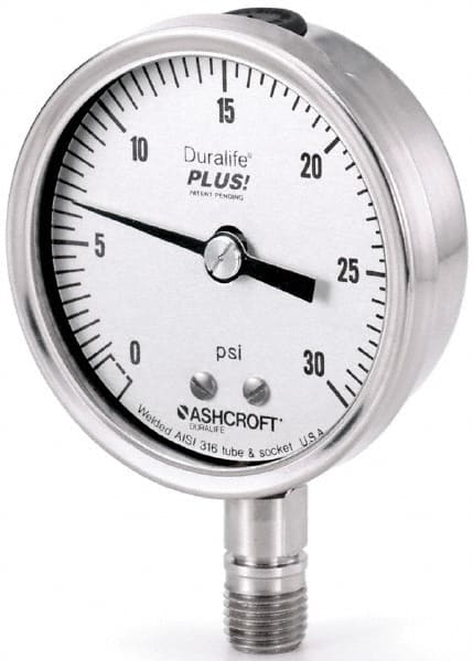 Ashcroft - 3-1/2" Dial, 1/4 Thread, 30-0-100 Scale Range, Pressure Gauge - Lower Connection Mount, Accurate to 1% of Scale - Exact Tooling