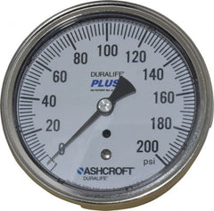 Ashcroft - 3-1/2" Dial, 1/4 Thread, 0-200 Scale Range, Pressure Gauge - Center Back Connection Mount, Accurate to 1% of Scale - Exact Tooling