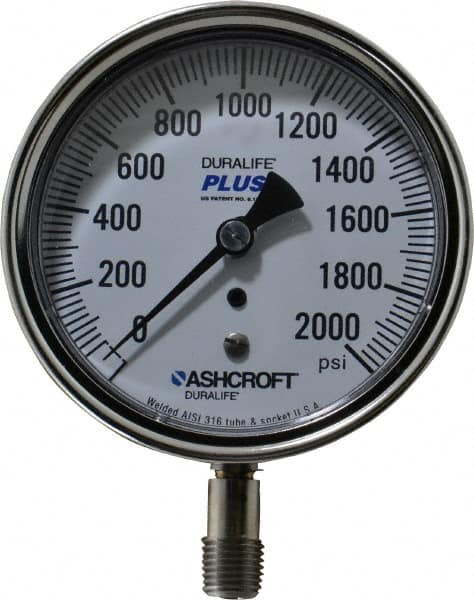 Ashcroft - 3-1/2" Dial, 1/4 Thread, 0-2,000 Scale Range, Pressure Gauge - Lower Connection Mount, Accurate to 1% of Scale - Exact Tooling