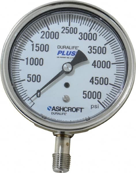 Ashcroft - 3-1/2" Dial, 1/4 Thread, 0-5,000 Scale Range, Pressure Gauge - Lower Connection Mount, Accurate to 1% of Scale - Exact Tooling