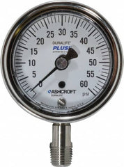 Ashcroft - 2-1/2" Dial, 1/4 Thread, 0-60 Scale Range, Pressure Gauge - Lower Connection Mount, Accurate to 1% of Scale - Exact Tooling