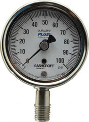 Ashcroft - 2-1/2" Dial, 1/4 Thread, 0-100 Scale Range, Pressure Gauge - Lower Connection Mount, Accurate to 1% of Scale - Exact Tooling