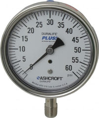 Ashcroft - 3-1/2" Dial, 1/4 Thread, 0-60 Scale Range, Pressure Gauge - Lower Connection Mount, Accurate to 1% of Scale - Exact Tooling