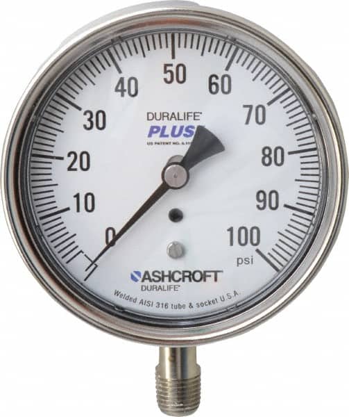 Ashcroft - 3-1/2" Dial, 1/4 Thread, 0-100 Scale Range, Pressure Gauge - Lower Connection Mount, Accurate to 1% of Scale - Exact Tooling