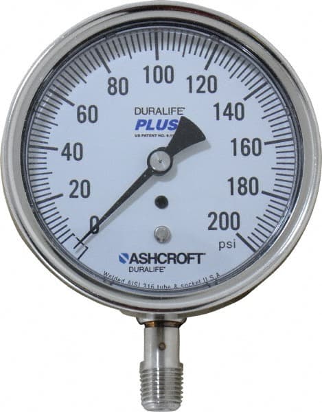 Ashcroft - 3-1/2" Dial, 1/4 Thread, 0-200 Scale Range, Pressure Gauge - Lower Connection Mount, Accurate to 1% of Scale - Exact Tooling