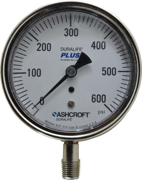 Ashcroft - 3-1/2" Dial, 1/4 Thread, 0-600 Scale Range, Pressure Gauge - Lower Connection Mount, Accurate to 1% of Scale - Exact Tooling