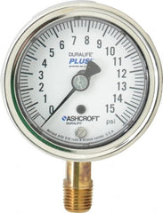 Ashcroft - 2-1/2" Dial, 1/4 Thread, 0-15 Scale Range, Pressure Gauge - Lower Connection Mount, Accurate to 1% of Scale - Exact Tooling