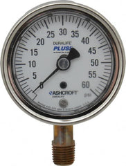 Ashcroft - 2-1/2" Dial, 1/4 Thread, 0-60 Scale Range, Pressure Gauge - Lower Connection Mount, Accurate to 1% of Scale - Exact Tooling