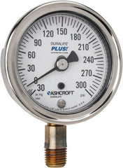 Ashcroft - 2-1/2" Dial, 1/4 Thread, 30-0-300 Scale Range, Pressure Gauge - Lower Connection Mount, Accurate to 1% of Scale - Exact Tooling