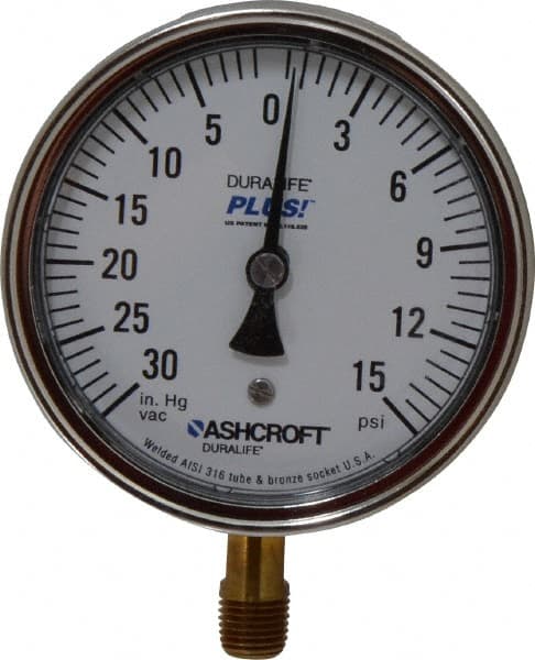 Ashcroft - 3-1/2" Dial, 1/4 Thread, 30-0-15 Scale Range, Pressure Gauge - Lower Connection Mount, Accurate to 1% of Scale - Exact Tooling