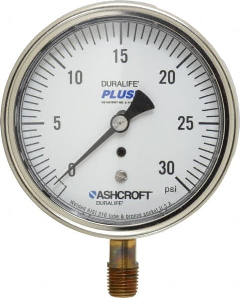 Ashcroft - 3-1/2" Dial, 1/4 Thread, 0-30 Scale Range, Pressure Gauge - Lower Connection Mount, Accurate to 1% of Scale - Exact Tooling