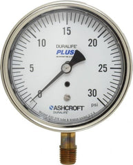 Ashcroft - 3-1/2" Dial, 1/4 Thread, 0-30 Scale Range, Pressure Gauge - Lower Connection Mount, Accurate to 1% of Scale - Exact Tooling