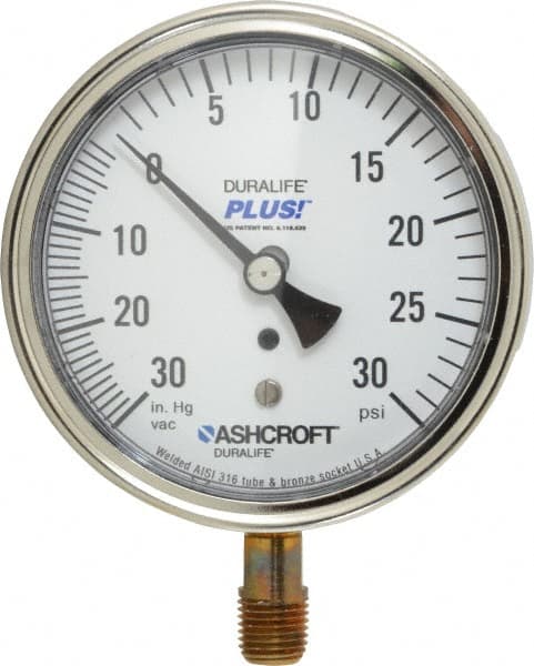 Ashcroft - 3-1/2" Dial, 1/4 Thread, 30-0-30 Scale Range, Pressure Gauge - Lower Connection Mount, Accurate to 1% of Scale - Exact Tooling