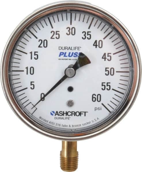 Ashcroft - 3-1/2" Dial, 1/4 Thread, 0-60 Scale Range, Pressure Gauge - Lower Connection Mount, Accurate to 1% of Scale - Exact Tooling