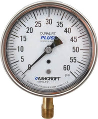 Ashcroft - 3-1/2" Dial, 1/4 Thread, 0-60 Scale Range, Pressure Gauge - Lower Connection Mount, Accurate to 1% of Scale - Exact Tooling