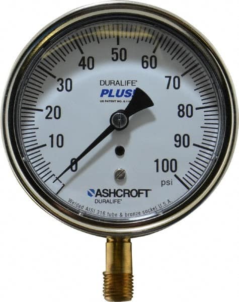 Ashcroft - 3-1/2" Dial, 1/4 Thread, 0-100 Scale Range, Pressure Gauge - Lower Connection Mount, Accurate to 1% of Scale - Exact Tooling