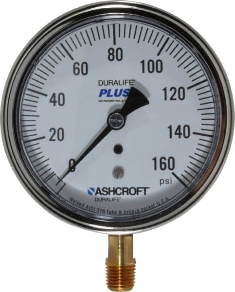 Ashcroft - 3-1/2" Dial, 1/4 Thread, 0-160 Scale Range, Pressure Gauge - Lower Connection Mount, Accurate to 1% of Scale - Exact Tooling