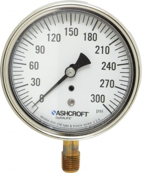 Ashcroft - 3-1/2" Dial, 1/4 Thread, 0-300 Scale Range, Pressure Gauge - Lower Connection Mount, Accurate to 1% of Scale - Exact Tooling