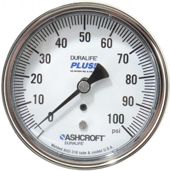 Ashcroft - 3-1/2" Dial, 1/4 Thread, 0-100 Scale Range, Pressure Gauge - Center Back Connection Mount, Accurate to 1% of Scale - Exact Tooling