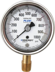 Ashcroft - 2-1/2" Dial, 1/4 Thread, 0-1,000 Scale Range, Pressure Gauge - Lower Connection Mount, Accurate to 1% of Scale - Exact Tooling