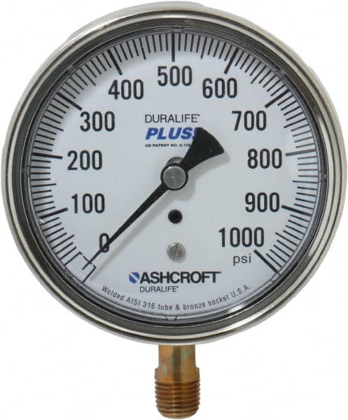 Ashcroft - 3-1/2" Dial, 1/4 Thread, 0-1,000 Scale Range, Pressure Gauge - Lower Connection Mount, Accurate to 1% of Scale - Exact Tooling