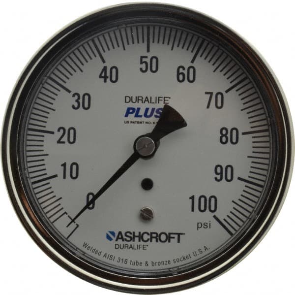 Ashcroft - 3-1/2" Dial, 1/4 Thread, 0-100 Scale Range, Pressure Gauge - Center Back Connection Mount, Accurate to 1% of Scale - Exact Tooling