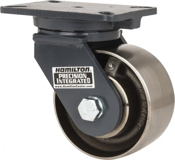 Hamilton - 6" Diam x 3" Wide x 8" OAH Top Plate Mount Swivel Caster - Forged Steel, 3,500 Lb Capacity, Roller Bearing, 5-1/4 x 7-1/4" Plate - Exact Tooling