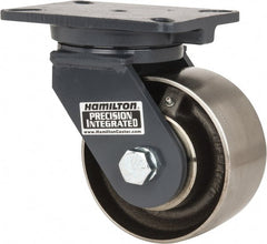 Hamilton - 6" Diam x 3" Wide x 8" OAH Top Plate Mount Swivel Caster - Forged Steel, 3,500 Lb Capacity, Roller Bearing, 5-1/4 x 7-1/4" Plate - Exact Tooling