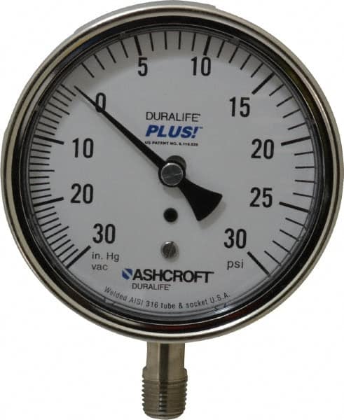 Ashcroft - 3-1/2" Dial, 1/4 Thread, 30-0-30 Scale Range, Pressure Gauge - Lower Connection Mount, Accurate to 1% of Scale - Exact Tooling