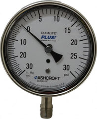 Ashcroft - 3-1/2" Dial, 1/4 Thread, 30-0-30 Scale Range, Pressure Gauge - Lower Connection Mount, Accurate to 1% of Scale - Exact Tooling