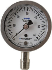 Ashcroft - 2-1/2" Dial, 1/4 Thread, 0-60 Scale Range, Pressure Gauge - Lower Connection Mount, Accurate to 3-2-3% of Scale - Exact Tooling
