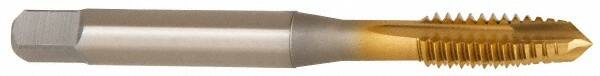 OSG - 1/4-20 UNC, 3 Flute, TiN Finish, Vanadium High Speed Steel Spiral Point Tap - Plug Chamfer, Right Hand Thread, 2-1/2" OAL, 1" Thread Length, 0.255" Shank Diam, 3B Class of Fit - Exact Tooling