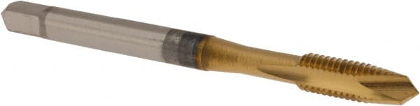 OSG - M5x0.80 Metric Coarse, 2 Flute, TiN Finish, High Speed Steel Spiral Point Tap - Plug Chamfer, Right Hand Thread, 2-3/8" OAL, 7/8" Thread Length, 0.194" Shank Diam, 6H Class of Fit, Series 142 - Exact Tooling