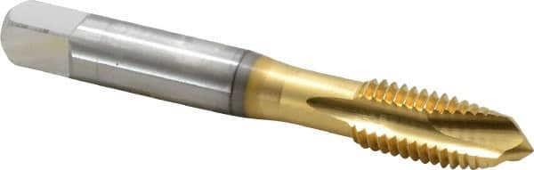OSG - M10x1.50 Metric Coarse, 3 Flute, TiN Finish, High Speed Steel Spiral Point Tap - Plug Chamfer, Right Hand Thread, 2-15/16" OAL, 1-1/4" Thread Length, 0.381" Shank Diam, 6H Class of Fit, Series 142 - Exact Tooling