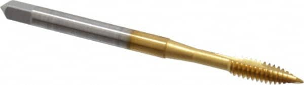 OSG - #6-32 UNC, 2 Flute, TiN Finish, High Speed Steel Spiral Point Tap - Plug Chamfer, Right Hand Thread, 2" OAL, 3/4" Thread Length, 0.168" Shank Diam, Series 105 - Exact Tooling