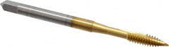 OSG - #6-32 UNC, 2 Flute, TiN Finish, High Speed Steel Spiral Point Tap - Plug Chamfer, Right Hand Thread, 2" OAL, 3/4" Thread Length, 0.168" Shank Diam, Series 105 - Exact Tooling