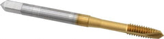 OSG - #8-32 UNC, 2 Flute, TiN Finish, High Speed Steel Spiral Point Tap - Plug Chamfer, Right Hand Thread, 2-1/8" OAL, 3/4" Thread Length, 0.168" Shank Diam, Series 105 - Exact Tooling