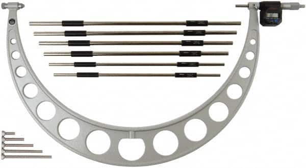 Mitutoyo - 6 Anvil, Electronic, 12 to 18 Inch Range, Carbide Face Interchangeable Anvil Micrometer - Ratchet Stop Thimble, 0.0001 Inch Resolution, 0.000160 0.00016 + 0.00004 (L/3) Inch Accuracy, SR44 Battey, Includes 6 Anvils and Fitted Wooden Case - Exact Tooling