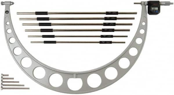 Mitutoyo - 6 Anvil, Electronic, 18 to 24 Inch Range, Carbide Face Interchangeable Anvil Micrometer - Ratchet Stop Thimble, 0.0001 Inch Resolution, 0.000160 0.00016 + 0.00004 (L/3) Inch Accuracy, SR44 Battey, Includes 6 Anvils and Fitted Wooden Case - Exact Tooling