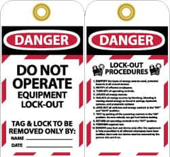 NMC - 3" High x 6" Long, DANGER - DO NOT OPERATE - EQUIPMENT LOCK-OUT - TAG & LOCK TO BE REMOVED ONLY BY:, English Safety & Facility Lockout Tag - Tag Header: Danger, 2 Sides, Black, Red & White Unrippable Vinyl - Exact Tooling
