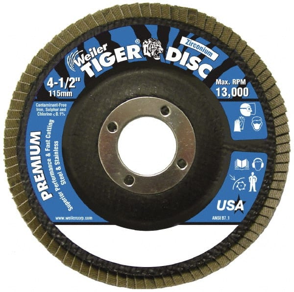 Weiler - 120 Grit, 4-1/2" Disc Diam, 7/8" Center Hole, Type 29 Zirconia Alumina Flap Disc - 13,000 Max RPM, Phenolic Backing, Arbor Attaching System, Coated - Exact Tooling