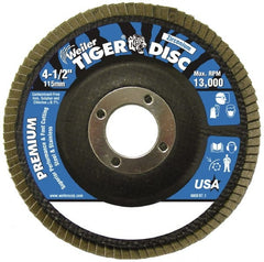 Weiler - 120 Grit, 4-1/2" Disc Diam, 7/8" Center Hole, Type 29 Zirconia Alumina Flap Disc - 13,000 Max RPM, Phenolic Backing, Arbor Attaching System, Coated - Exact Tooling