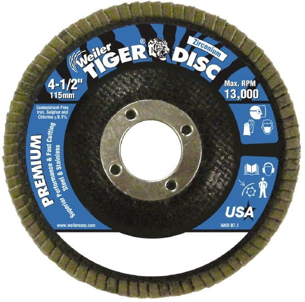 Weiler - 120 Grit, 4-1/2" Disc Diam, 7/8" Center Hole, Type 27 Zirconia Alumina Flap Disc - 13,000 Max RPM, Phenolic Backing, Arbor Attaching System, Coated - Exact Tooling