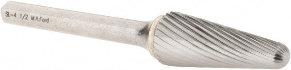 M.A. Ford - 1/2" Cut Diam, 1/4" Shank Diam, Taper Head Single Cut Burr - Carbide, Radius End, 1-3/16" LOC, 3-1/4" OAL - Exact Tooling