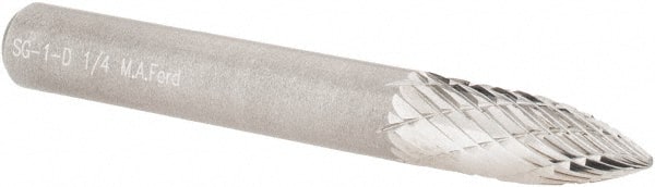 M.A. Ford - 1/4" Cut Diam, 1/4" Shank Diam, Tree Head Double Cut Burr - Carbide, Point End, 5/8" LOC, 2" OAL - Exact Tooling